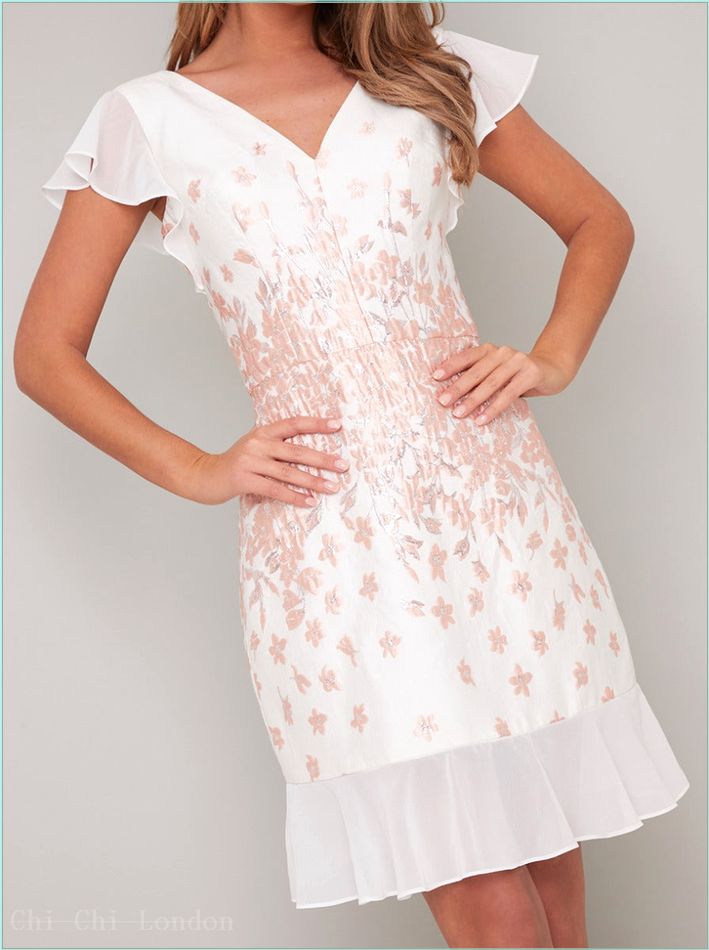  Floral Jaquard Midi Dress with Cap Sleeves in White 6632WH
