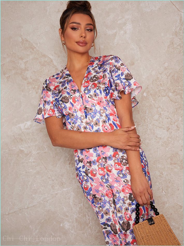  Floral Print Midi Day Dress with Flutter Sleeve in Multi 80653MU