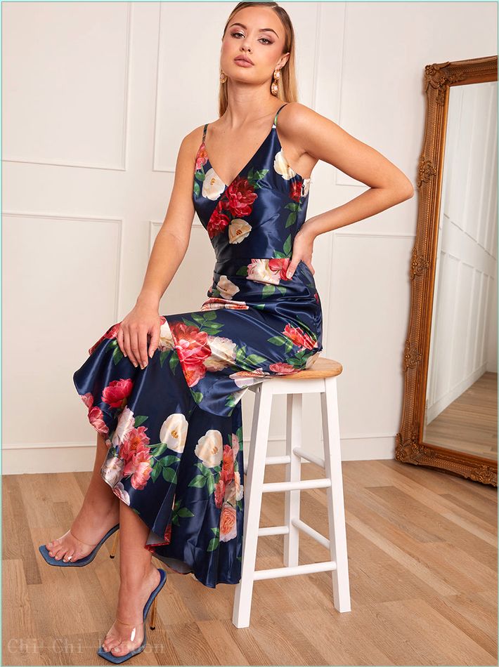  Petite Sleeveless Floral Print Ruffle Hem Midi Dress in Navy 1630PBNB 2