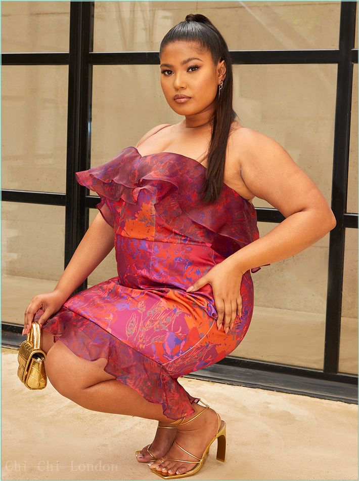 Plus Size Bardot Ruffle Floral Print Mini Dress in Burgundy 81053CBUR