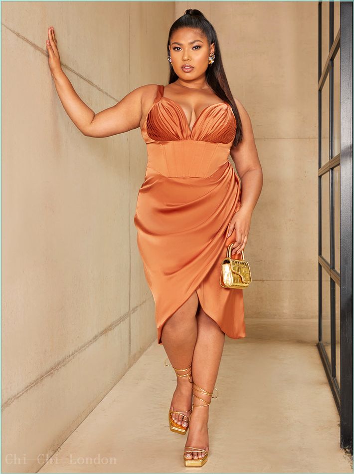  Plus Size Corset Style Bodycon Satin Midi Dress in Rust 81023CRU 1