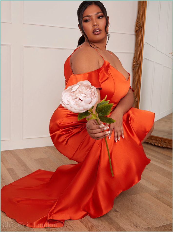  Plus Size Satin Cami Strap Ruffle Detail Bodycon Dress in Rust G002098CRU