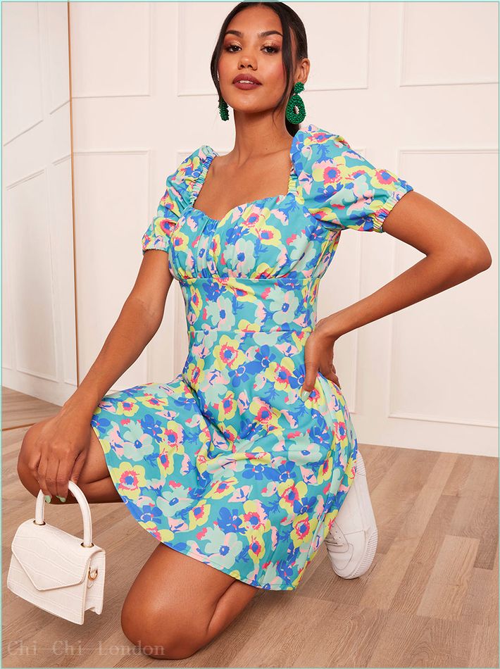  Puff Sleeve Floral Print Mini Dress in Green KH310GN