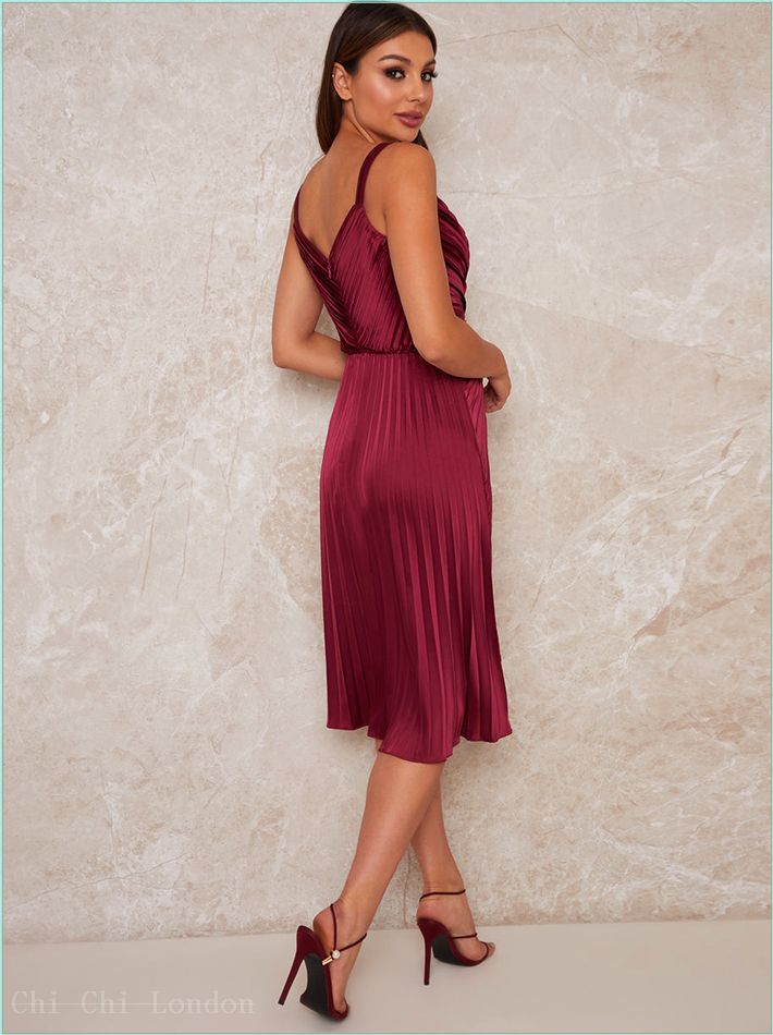  Satin Finish Cami Strap Pleated Midi Dress in berry 52974BER