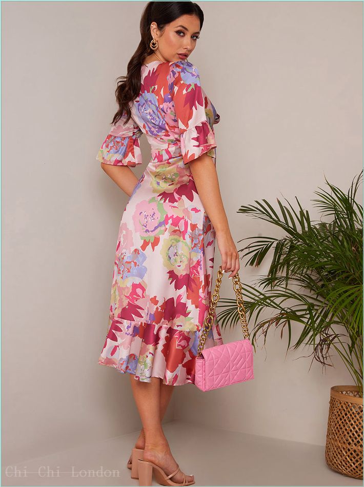  Short Sleeve Tie Front Floral Midi Dress in Pink FA23103PI