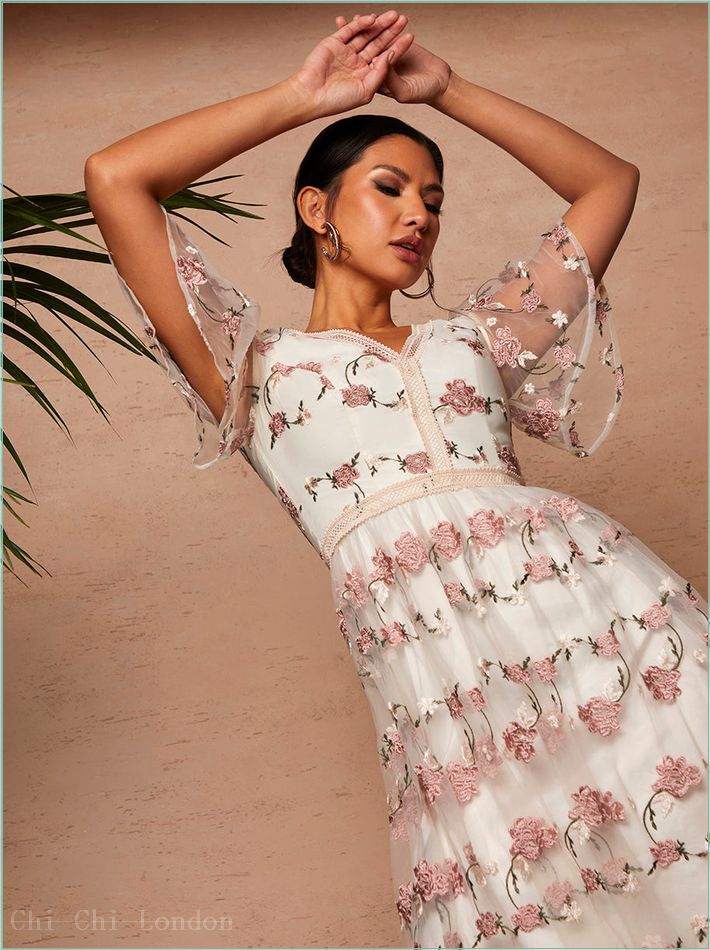  V Neck Floral Embroidered Lace Midi Dress in Pink 61056MU 1