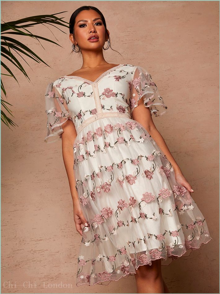  V Neck Floral Embroidered Lace Midi Dress in Pink 61056MU 3