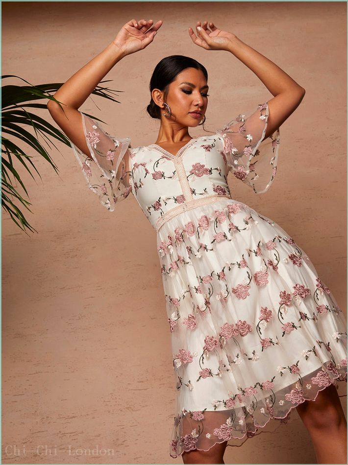  V Neck Floral Embroidered Lace Midi Dress in Pink 61056MU 4